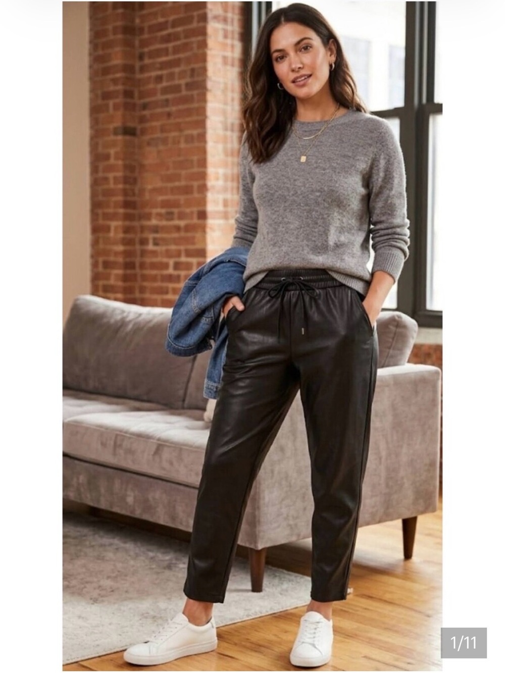 LOFT Black Faux Leather Ankle-Length Drawstring Pants